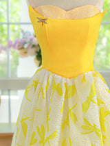 Yellow Print Straps Prom Dress