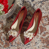 Satin Thick-heeled Pointed Pearl Wedding Shoes