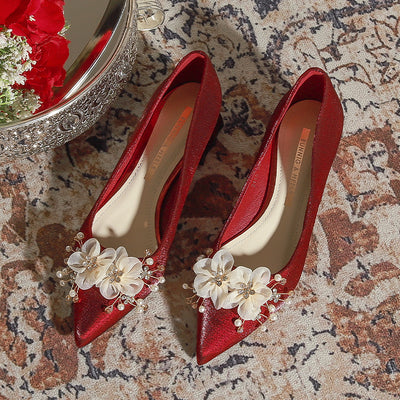 Satin Thick-heeled Pointed Pearl Wedding Shoes
