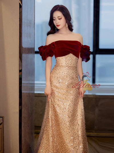 Champagne Sequins Off the Shoulder Prom Dress