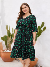 V-neck Short-sleeved Ruffled Printed Dress