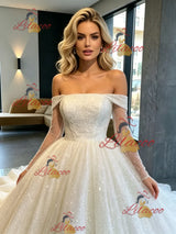 White Sequins Long Sleeve Off the Shoulder Wedding Dress