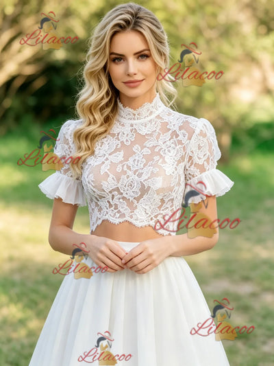 White Two Piece Lace Short Sleeve Wedding Dress
