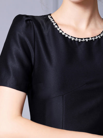 Black Satin Short Sleeve Mother Of The Bride Dress