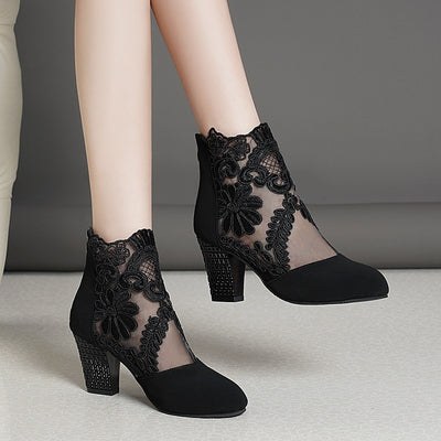 Hollow Mesh Lace Thick Heel Sandals Boots