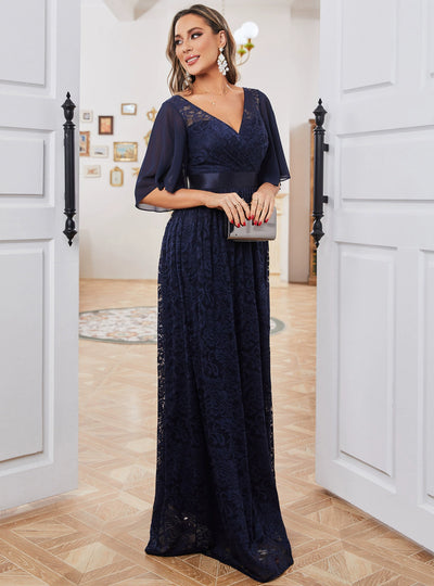 Navy Blue Lace V-neck Prom Dress
