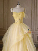 Yellow Tulle Spaghetti Straps Beading Prom Dress
