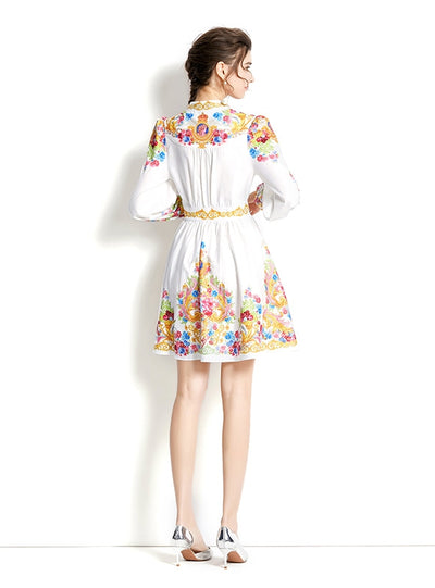 V-neck Lantern Sleeve Printed Short Dress