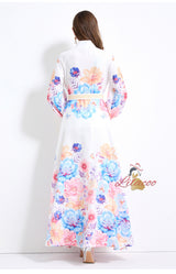 Slim Lantern Sleeve Button Printed Dress