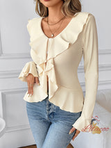 Solid Color V-neck Ruffled Slim Shirt T-shirt