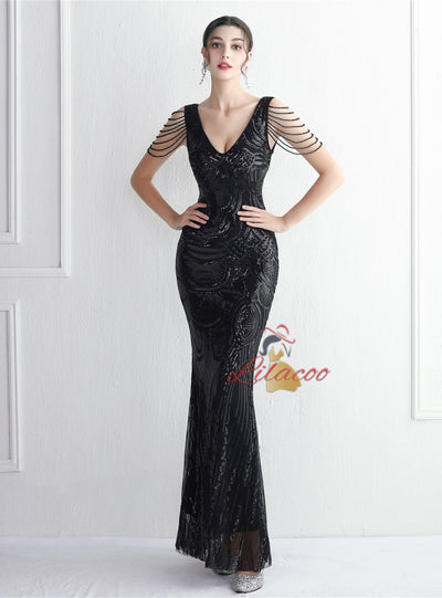Mermaid V-neck Sequins Beading Prom Dress