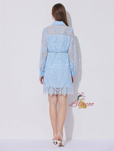 Retro Heavy Lace Lapel Long Sleeve Dress