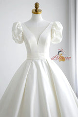 White Satin Puff Sleeve Backless Wedding Dress