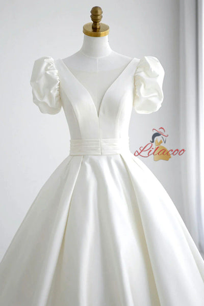 White Satin Puff Sleeve Backless Wedding Dress