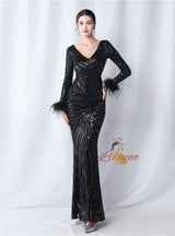 Long Sleeve V-neck Mermaid Sequins Prom Dress