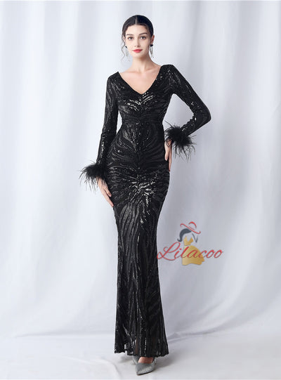 Long Sleeve V-neck Mermaid Sequins Prom Dress