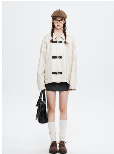 Button Lapel Long Sleeve Jacket PU Leather Coat