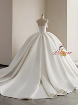 White Satin Appliques Strapless Wedding Dress