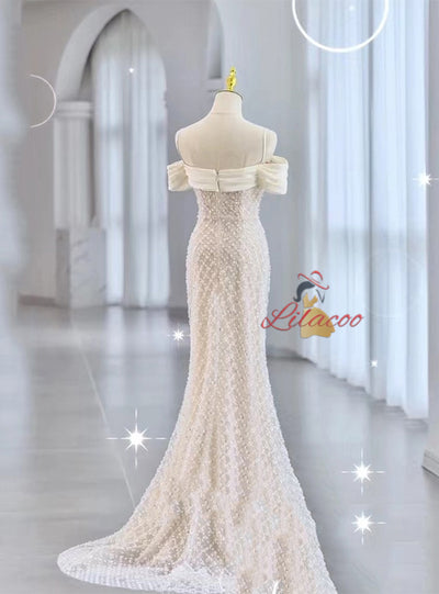 White Mermaid Sequins Spaghetti Straps Prom Dress