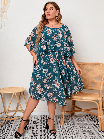 Round Neck Ruffled Printed Plus Size Dress