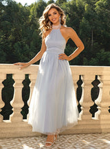 Gray Tulle Halter Backless Party Dress