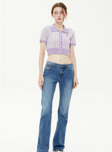 Flower Button Lapel Plaid Short Sleeve Sweater