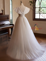 A-Line Champagne Tulle V-neck Wedding Dress