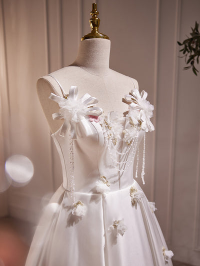 White Satin Straps Beading Flower Wedding Dress