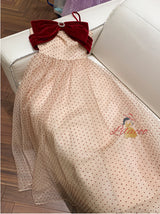 Apricot Polka-dot Contrast Bow Sling Slim Dress