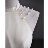 White Satin Halter Black Tulle Backless Wedding Dress