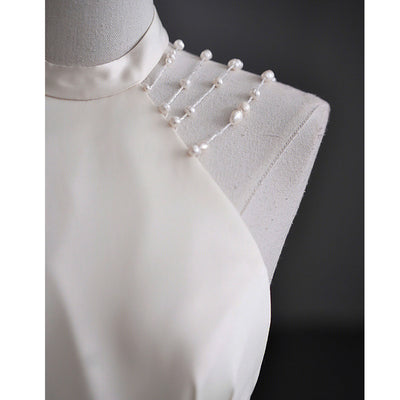 White Satin Halter Black Tulle Backless Wedding Dress