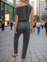Slanted Shoulder Solid Color Jumpsuit Pants