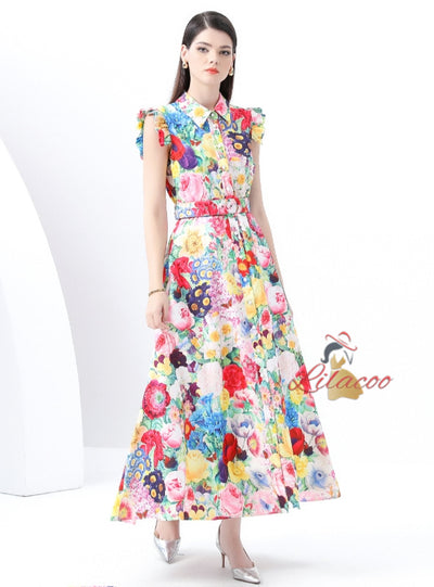 Retro Palace Printed Breasted Dress