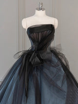 Black Tulle Strapless Pleats Prom Dress