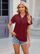 Solid Color Lapel Pleated Loose Short Sleeve T-shirt