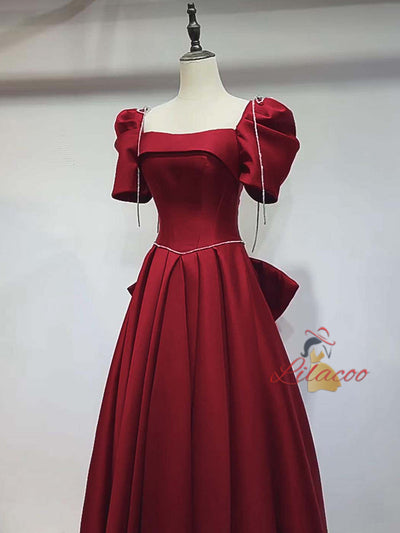 Burgundy Satin Short Sleeve Bow Prom Dress
