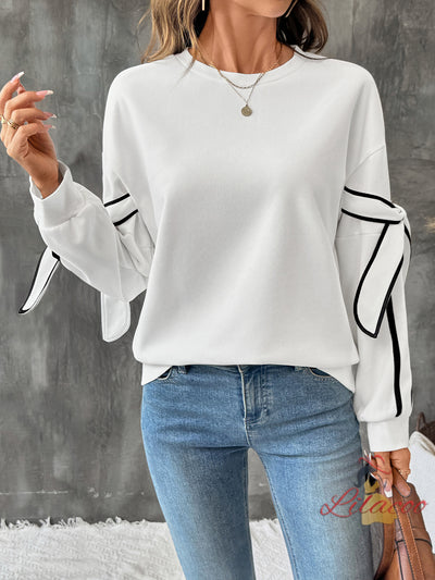 Contrast Bow Round Neck Long Sleeve Top