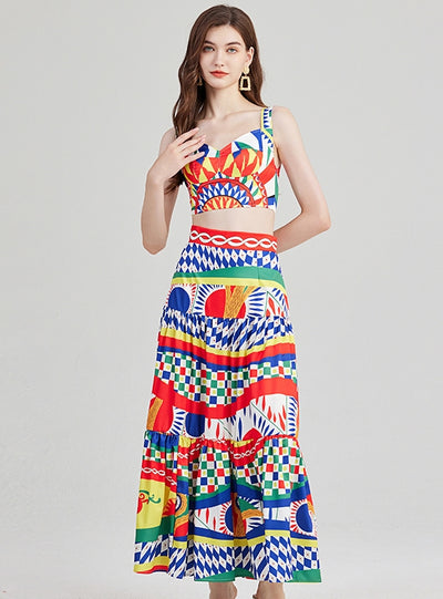 Printed Splicing Top +Skirt Two-piece Set