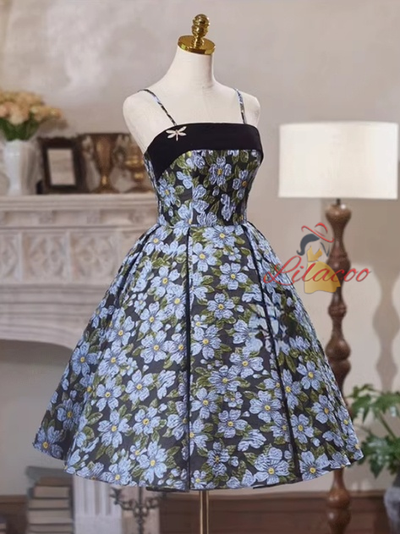 Fashion Black Print Spaghetti Straps Homecoming Dress