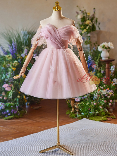Pink Tulle Off the Shoulder Pleats Homecoming Dress