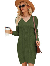 Solid Color V-neck Long Sweater Dress