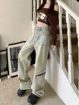 Retro Straight Zipper Overalls High Waist Jeans