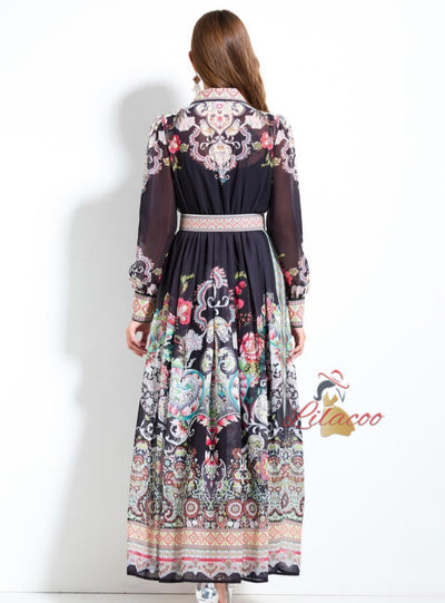 Retro Printed Long Sleeve Dress