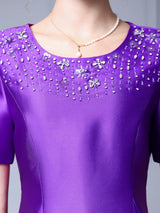 Purple Satin Short Sleeve Mother of the Bride Dress