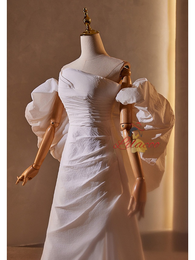 Simple White Strapless Pleats Split Wedding Dress