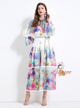 Horn Sleeve Button Printed Long Dress