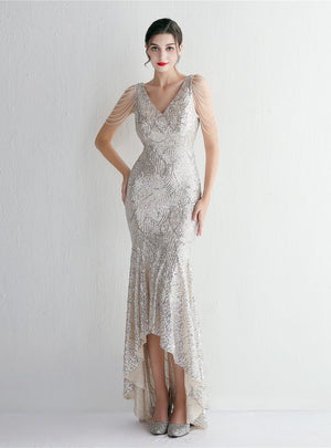 V-neck Sequins Hi Lo Beading Prom Dress