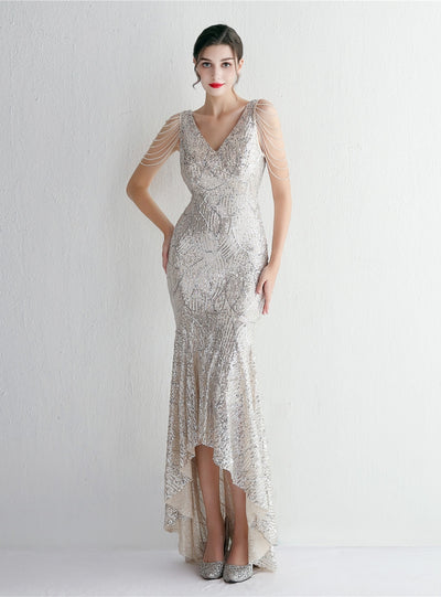 V-neck Sequins Hi Lo Beading Prom Dress