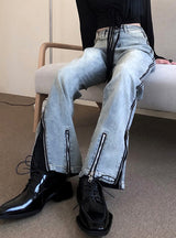 Fork Metal Zipper Splicing High Waist Jeans