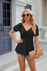 Solid Color V-neck Short Sleeve Loose T-shirt